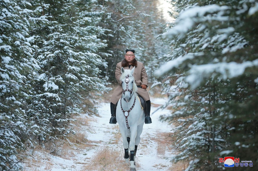 North Korean leader Kim Jong Un rides a horse during snowfall in Mount Paektu in this image released by North Korea's Korean Central News Agency (KCNA) on October 16, 2019. KCNA via REUTERS ATTENTION  ...