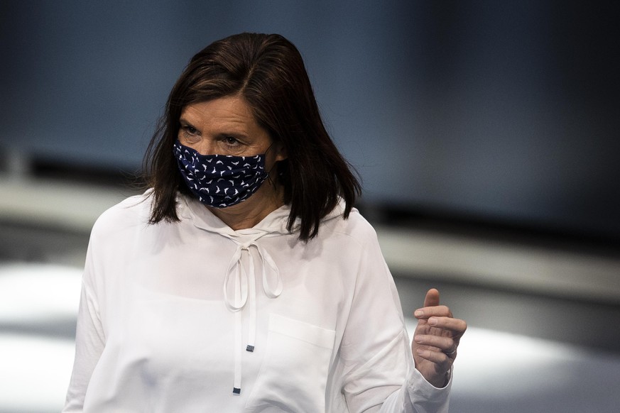 BERLIN, GERMANY - APRIL 23: Katrin Dagmar Göring-Eckardt of the Alliance 90/The Greens wears a face mask as she arrives at the Bundestag on April 23, 2020 in Berlin, Germany. Germany is still at the b ...