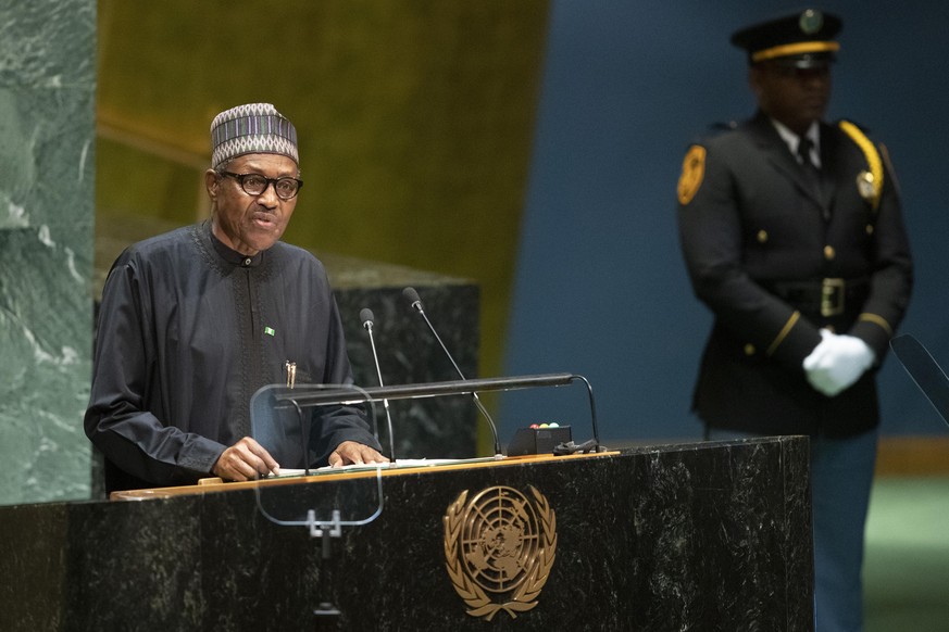 FILE - In this Tuesday, Sept. 24, 2019, file photo, Nigerian President Muhammadu Buhari addresses the 74th session of the United Nations General Assembly at U.N. headquarters. The Nigeria government s ...