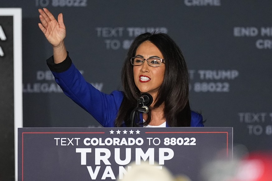 Rep. Lauren Boebert, R-Colo., speaks before Republican presidential nominee former President Donald Trump at a campaign rally at the Gaylord Rockies Resort and Convention Center Friday, Oct. 11, 2024, ...