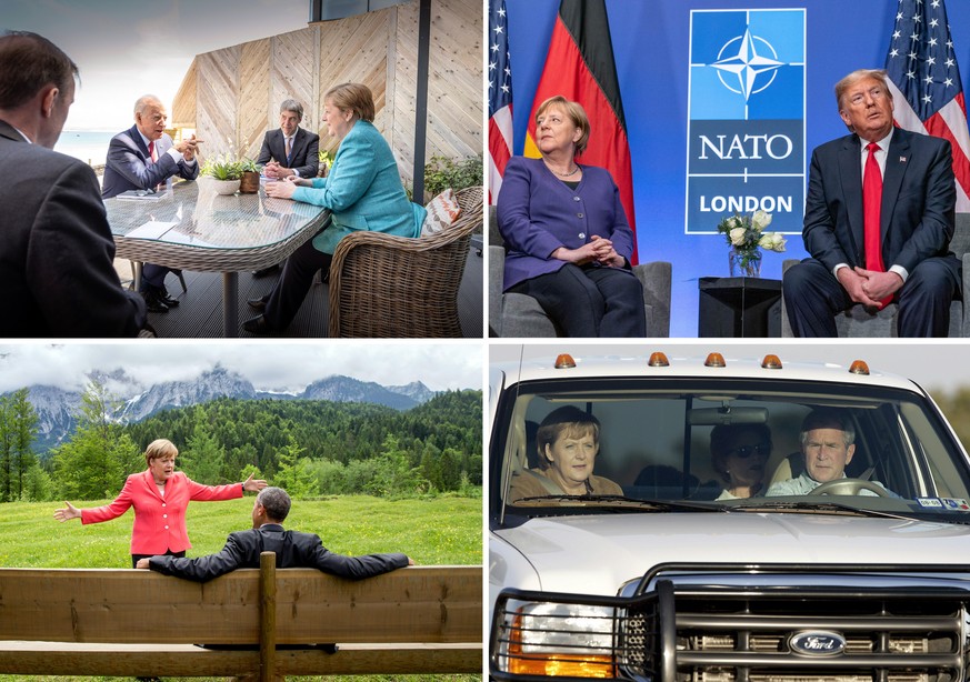 KOMBO - Die Kombo aus vier Einzelbildern zeigt Zusammenkünfte von Bundeskanzlerin Angela Merkel (CDU) mit den US-Präsidenten (o l - u r) Joe Biden (2.v.l am 12.06.2021 mit den außenpolitischen Berater ...