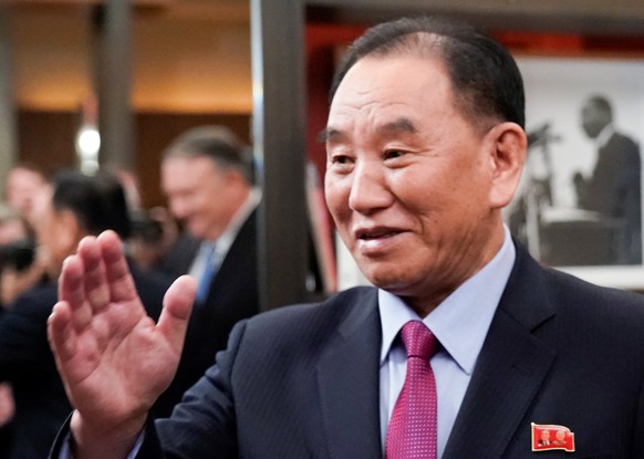 Vice Chairman of the North Korean Workers' Party Committee Kim Yong Chol, North Korea's lead negotiator in nuclear diplomacy with the United States, waves as he meets with U.S. Secretary of State Mike ...