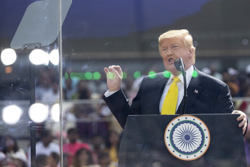U.S. President Donald Trump speaks during a &quot;Namaste Trump,&quot; event at Sardar Patel Stadium, Monday, Feb. 24, 2020, in Ahmedabad, India. (AP Photo/Alex Brandon)