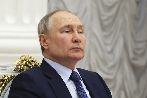 Russian President Vladimir Putin attends a meeting with members of the Business Russia organisation at the Kremlin in Moscow, Russia, Friday, May 26, 2023. (Mikhail Klimentyev, Sputnik, Kremlin Pool P ...