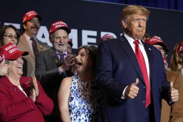 President Donald Trump arrives at a campaign rally, Thursday, April 27, 2023, in Manchester, N.H. (AP Photo/Charles Krupa)