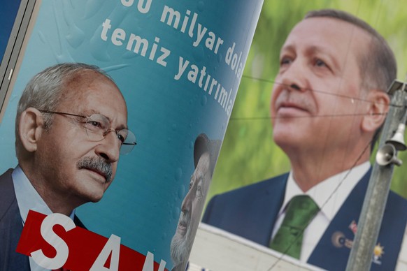 May 11, 2023, Ankara, Turkey: Campaign posters of the 13th Presidential candidate and Republican People s Party CHP Chairman Kemal Klcdarolu L and the President of the Republic of Turkey and Justice D ...