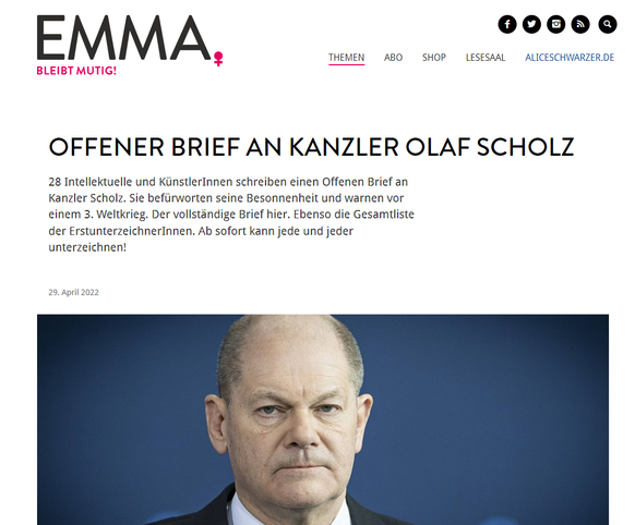 Der offene Brief ist auf der Webseite ist auf der Webseite des Magazins "Emma" erschienen.