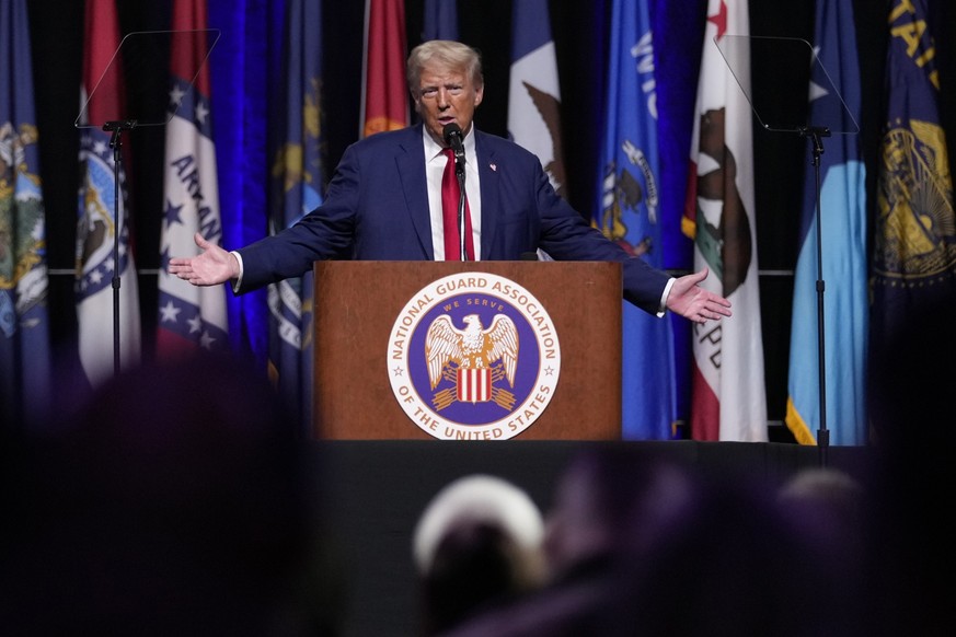 Republican presidential nominee former President Donald Trump speaks at the National Guard Association of the United States&#039; 146th General Conference, Monday, Aug. 26, 2024, in Detroit. (AP Photo ...