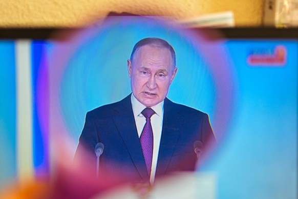 February 21, 2023, Clermont Ferrand, Auvergne Rhone Alpes, France: Russia President Vladimir PUTIN delivers his speech to the nation, as the war is about to enter its second year, and a day after U.S. ...