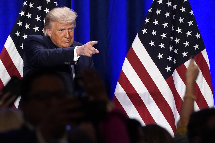 President Donald Trump gestures to supporters after a Latinos for Trump event at Trump National Doral Miami resort, Friday, Sept. 25, 2020, in Doral, Fla. (AP Photo/Evan Vucci)