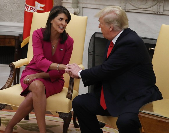 U.S. President Donald Trump announces that he has accepted the resignation of Nikki Haley as US Ambassador to the United Nations, in the Oval Office on October 9, 2018 in Washington, DC. President Tru ...