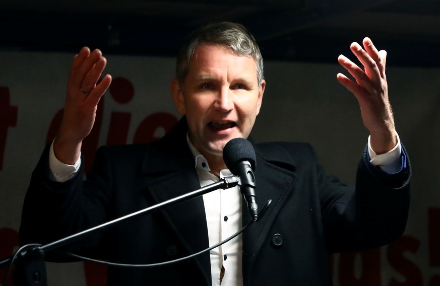 Bjoern Hoecke, Alternative for Germany (AfD) party leader speaks during the rightwing anti-islam movement Patriotic Europeans Against the Islamisation of the West (PEGIDA) demonstration in Dresden, Ge ...