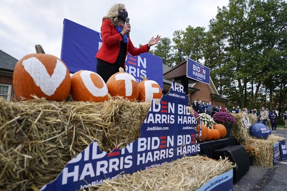 Rep. Abigail Spanberger, D-Va., gestures during a rally in Richmond, Va., Saturday Oct. 31, 2020. Spanberger faces Republican Challenger Del. Nick Freitas in the Nov 3 election. (AP Photo/Steve Helber ...