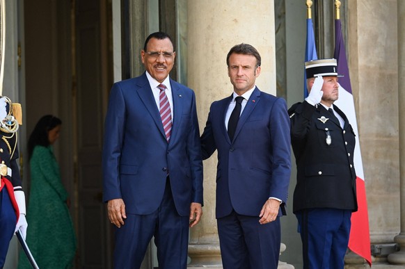 French President Receives Nigerian President - Paris French President Emmanuel Macron greets Mohamed Bazoum, President of the Republic of Niger at the Elysee Palace, on the sidelines of the New Global ...