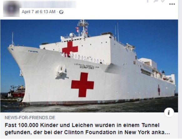 Sanitätsschiff der US-Marine: In der Verschwörungswelt ist es im Hafen von New York für die Kinder, die mit Leichen in einem Tunnel gefunden wurden. Der absurde Artikel ist eine Übersetzung aus einem US-Blog.