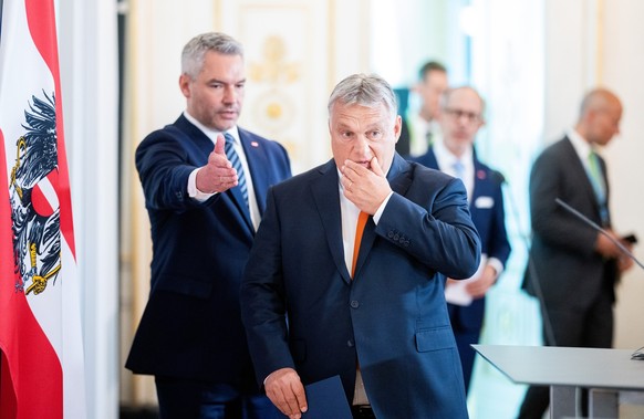Österreichs Kanzler Nehammer (l.) und Orbán Ende Juli