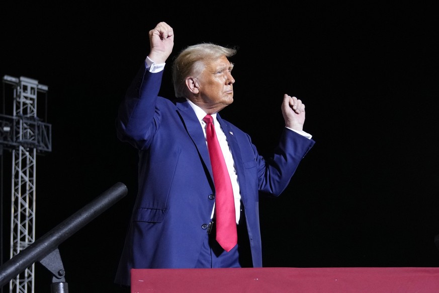 Former President Donald Trump wraps up a campaign rally in Hialeah, Fla., Wednesday, Nov. 8, 2023. (AP Photo/Lynne Sladky)