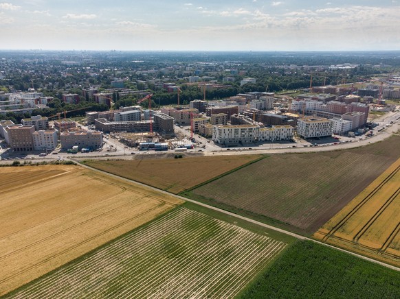 Aerial view of the construction site of Munich Freiham. A new district in the west of Munich.