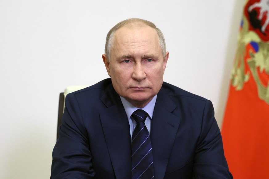 Russia Putin Russia-Kyrgyzstan Interregional Conference 8534062 11.10.2023 Russian President Vladimir Putin delivers a video address to the participants the 10th Russia-Kyrgyzstan Interregional Confer ...