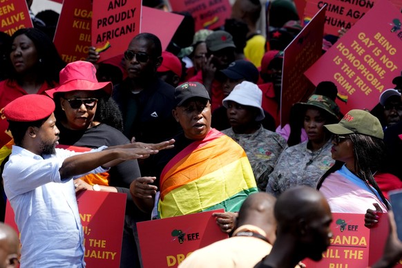 The Economic Freedom Fighters (EFF) leader Julius Malema during their picket against Uganda&#039;s anti-homosexuality bill at the Ugandan High Commission in Pretoria, South Africa, Tuesday, April 4, 2 ...