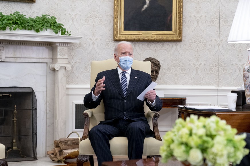 In this April 19, 2021, photo, President Joe Biden speaks in the Oval Office of the White House in Washington. (AP Photo/Andrew Harnik)