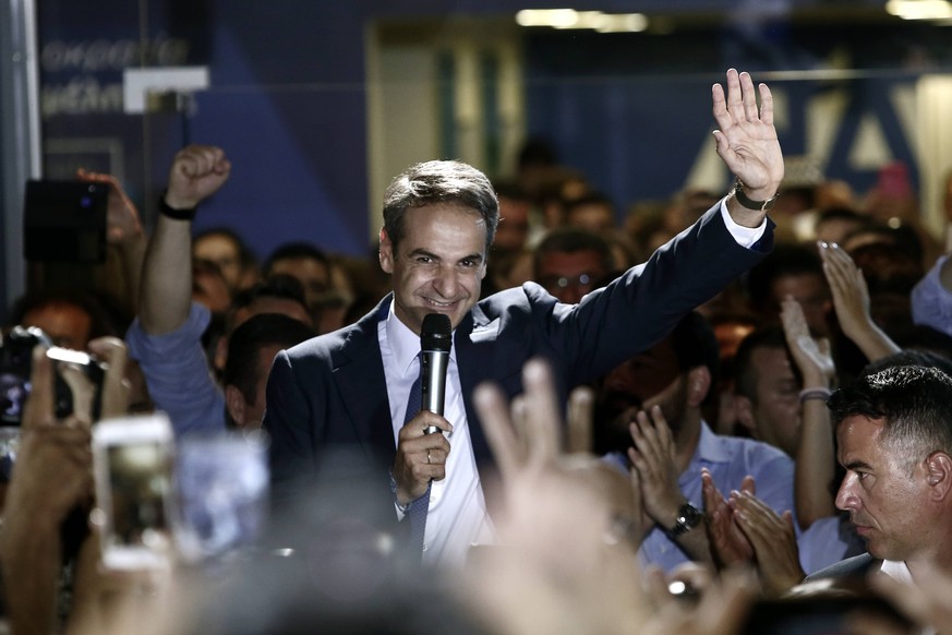 July 7, 2019 - Athens, Greece - New Democracy conservative party leader Kyriakos Mitsotakis speaks to supporters at the party s headquarters, after his win at the general election in Athens, Greece, o ...