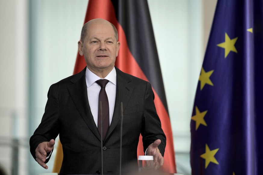 German Chancellor Olaf Scholz attends a press conference with Rishi Sunak in Berlin, Germany, Wednesday, April 24, 2024. (AP Photo/Markus Schreiber)