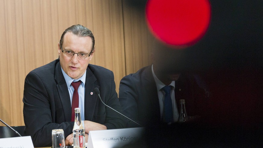 May 23, 2018 - Berlin, Germany - Steffen Koeniger (C) of Anti-immigration populist Alternative fuer Deutschland (Alternative for Germany, AfD) party is pictured during a press conference regarding an  ...