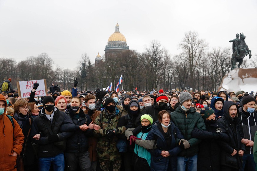 January 23, 2021, Saint-Petersburg, Russia: Protesters gather at Marsovo field during the demonstration..Protest against the detention of the opposition leader Alexey Navalny in St. Petersburg. Alexey ...