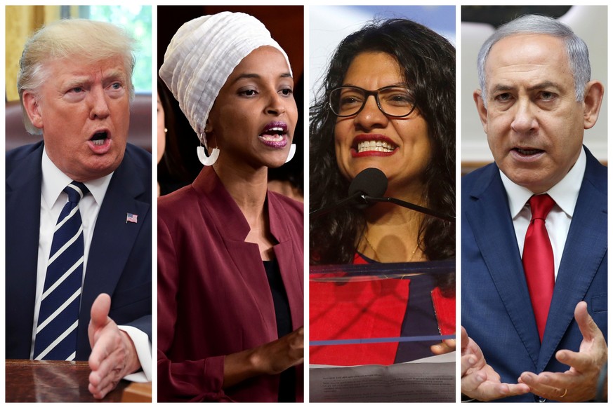 U.S. President Donald Trump, U.S. Congresswomen Ilhan Omar, Rashida Tlaib, and Prime Minister Benjamin Netanyahu are seen in a combination from file photos. REUTERS/File Photos