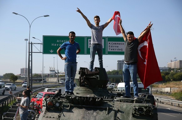 Turkish people celebrate the fail of millitary coup attempt at Ataturk Airport, Istanbul, 15th of July, 2016. Turkish army junta started a millitary coup attempt at 10.00 on 15th of July, 2016. A grou ...
