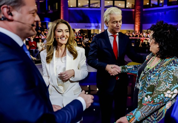 THE HAGUE - Pieter Omtzigt NSC, Dilan Yesilgoz VVD, Geert Wilders PVV and Caroline van der Plas BBB during the final debate of the NOS, a day before the House of Representatives elections. ANP REMKO D ...