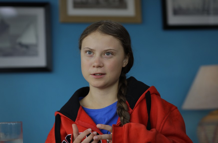 Greta Thunberg is interviewed by The Associated Press in Plymouth, England Tuesday, Aug. 13, 2019. Greta Thunberg, the 16-year-old climate change activist who has inspired student protests around the  ...