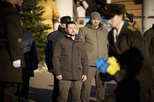 January 29, 2024, Kiev, Kyiv Oblast, Ukraine: Ukrainian President Volodymyr Zelenskyy stands for a moment of silence at Askold s Grave in honor of those who died in the Ukrainian Revolution of 1917 on ...