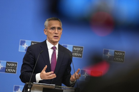 NATO Secretary General Jens Stoltenberg addresses a media conference during a meeting of NATO foreign ministers at NATO headquarters in Brussels, Wednesday, April 5, 2023. (AP Photo/Virginia Mayo)