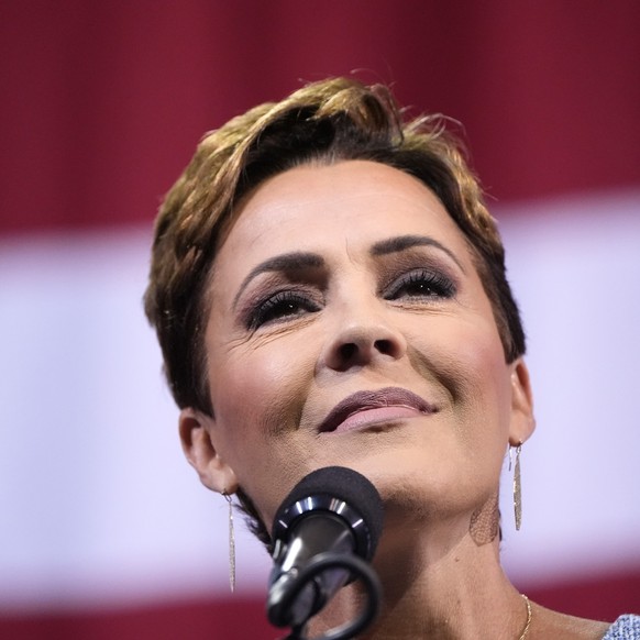 Kari Lake, Republican candidate for Senate in Arizona, speaks at a campaign event for Republican presidential nominee former President Donald Trump at the Linda Ronstadt Music Hall, Thursday, Sept.12, ...