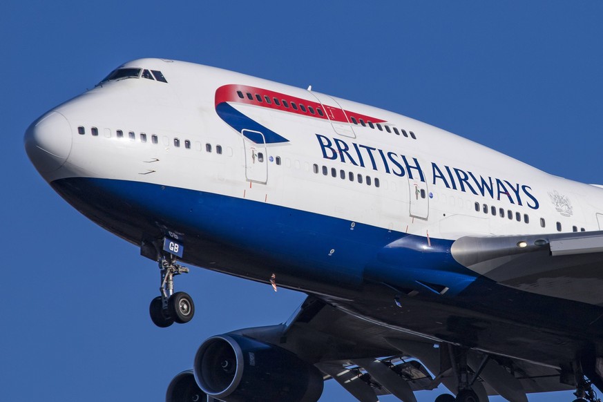 November 30, 2018 - United Kingdom - British Airways Boeing 747 Jumbo Jet seen landing at the London Heathrow Airport LHR / EGLL in England..The aircraft is a Boeing 747-400 with registration G-BYGB,  ...