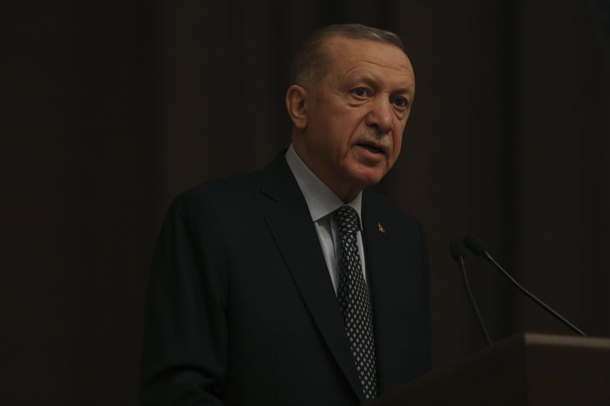 Turkey&#039;s President Recep Tayyip Erdogan speaks to the media after a summit of the Organization of Turkic States, in Ankara, Turkey, Thursday, March 16, 2023. (AP Photo/Burhan Ozbilici)