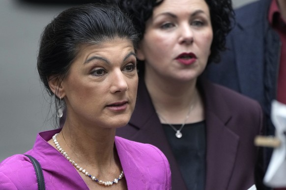 Sahra Wagenknecht, left, co-leader of the Sahra Wagenknecht Alliance (BSW), and Amira Mohamed Ali, right, co-leader of the Sahra Wagenknecht Alliance (BSW), arrive for a press conference in Berlin, Ge ...