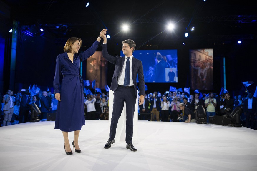 Gabriel Attal and Valerie Hayer campaign rally in Aubervilliers France s group Renew Renaissance, Modem and Horizons partys leading European Parliament election candidate and MEP Valerie Hayer R is gr ...