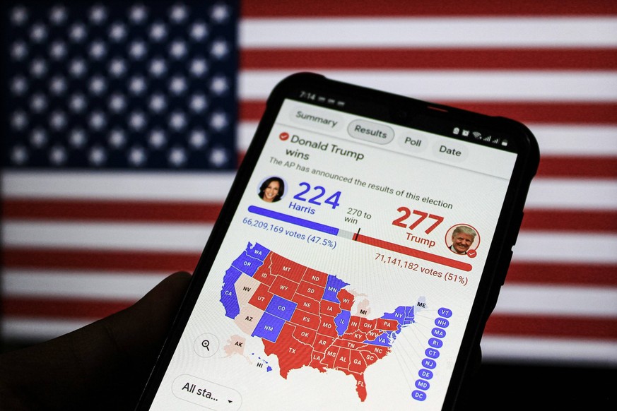 November 6, 2024, Bandung, West Java, Indonesia: A man holds a smartphone showing result election vote website as she awaits the 2024 US election vote count between Donald Trump and Kamala Harris in B ...