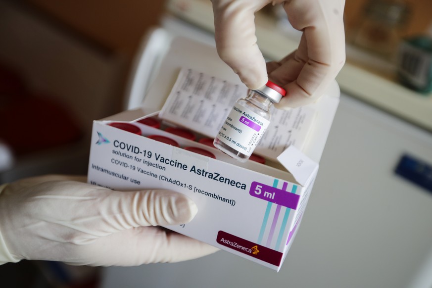 FILE - In this March 3, 2021 file photo ,a package of the AstraZeneca COVID-19 vaccine is shown in the state of Brandenburg where the first coronavirus vaccinations are given in doctors&#039; surgerie ...
