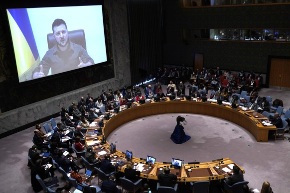 Ukrainian President Volodymyr Zelensky speaks via a remote link during a meeting of the Security Council at the United Nations Headquarters on Tuesday, April 5, 2022 in New York City, USA. Keynote spe ...