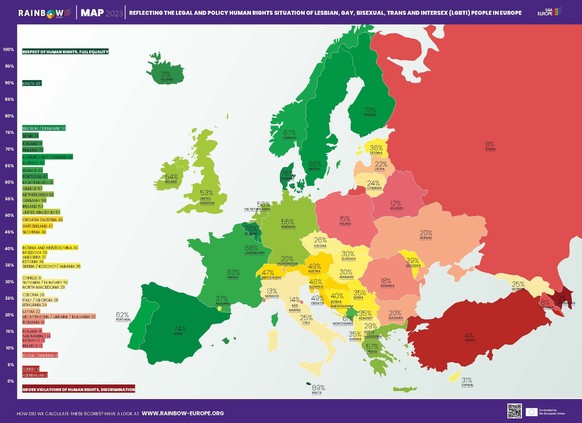 Die "Rainbow Europe Map" gibt eine Übersicht zur rechtlichen und politischen Situation von LGBTQIA+-Personen.
