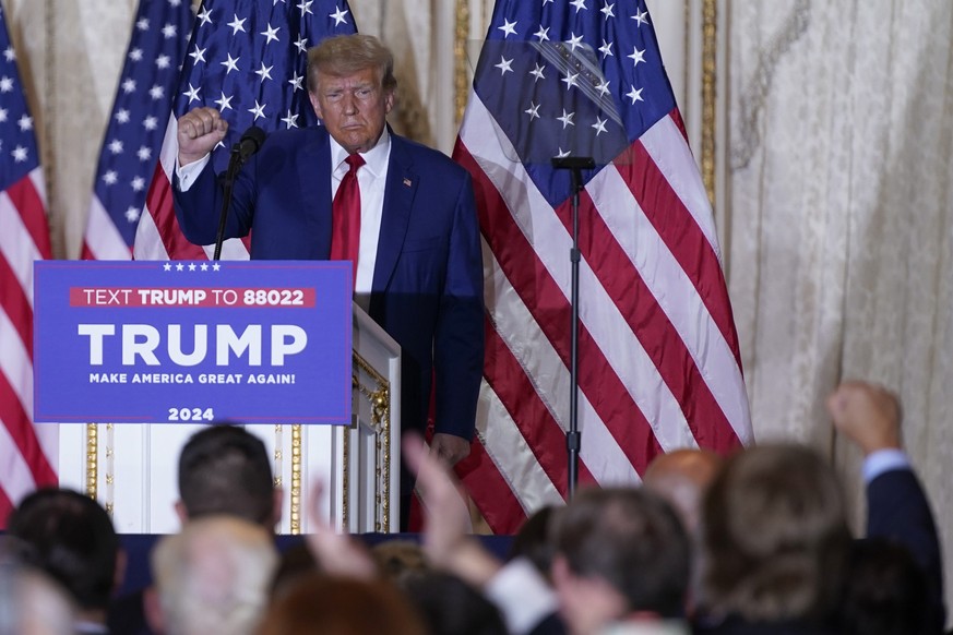 Former President Donald Trump gestures as he speaks at his Mar-a-Lago estate Tuesday, April 4, 2023, in Palm Beach, Fla., after being arraigned earlier in the day in New York City. (AP Photo/Evan Vucc ...