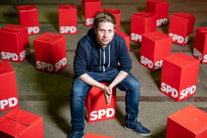 WITTENBERG, GERMANY - MAY 06: Kevin Kühnert, head of Jusos, the youth arm of the German Social Democrats (SPD), poses for a photo during an event to promote SPD candidates in local city council electi ...