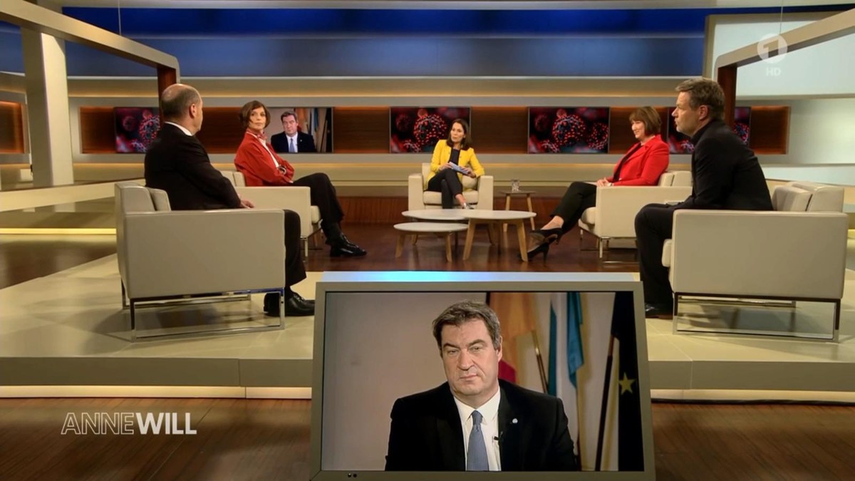Die Gäste bei "Anne Will" (v.l.n.r.): Olaf Scholz, Jutta Allmendinger, Hildegard Müller, Robert Habeck und Markus Söder.